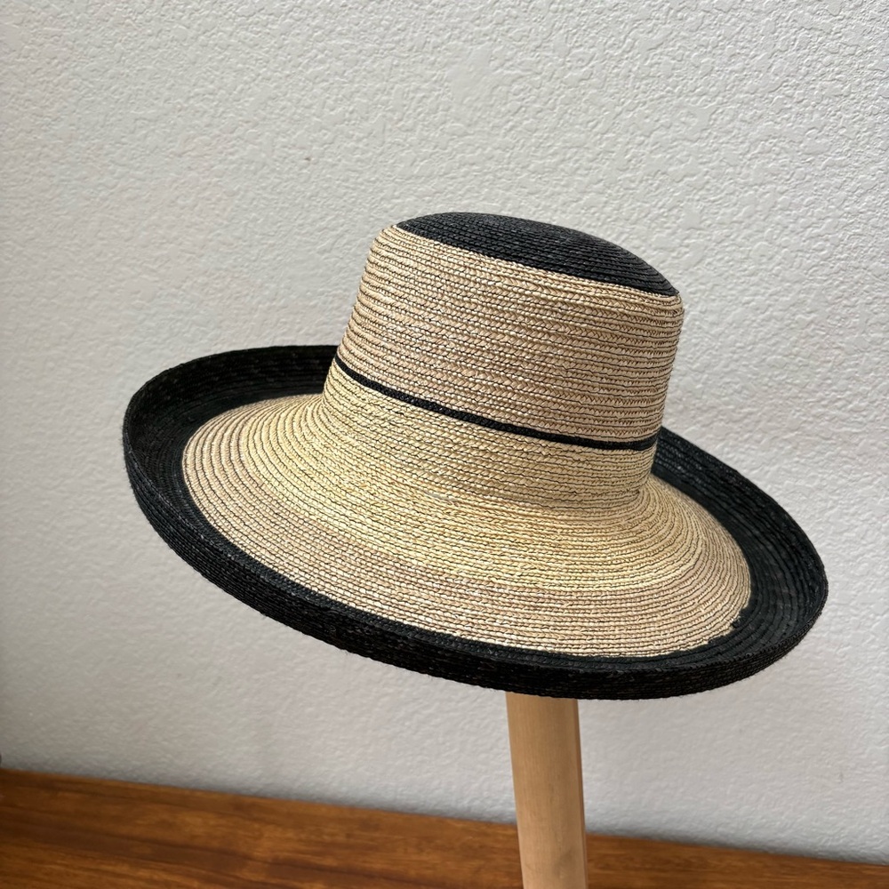 Vintage 100% Natural Woven Straw Wide Brim Sun Hat w/ Black Trim - Made in Italy